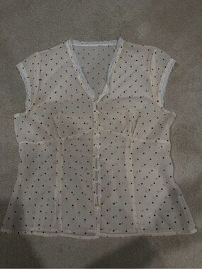 Vintage Sheer Polka Dot Lace-Trim Button Front Top - Cream with Black Dots
